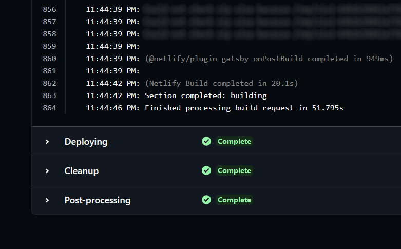 Screenshot of Netlify command line showing a build process of total 52 seconds
