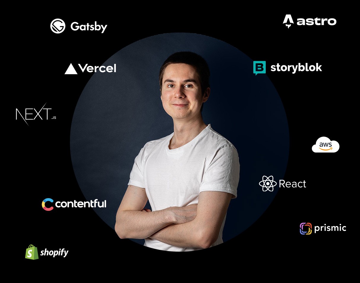 Portrait of Jere Huttunen surrounded by technology icons such as Next.js, React, and headless CMS platforms