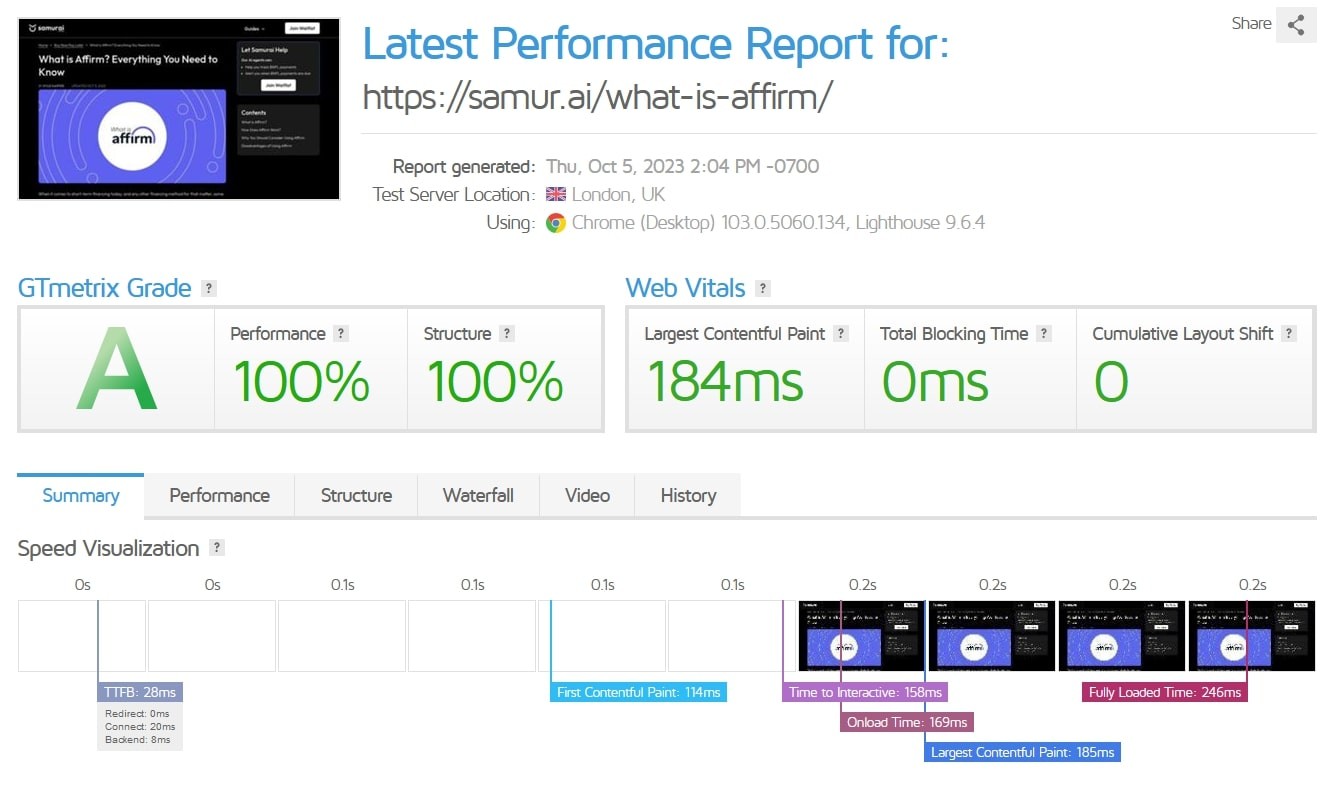 Screenshot of Samurai's website getting 100% performance score on GTMetrix