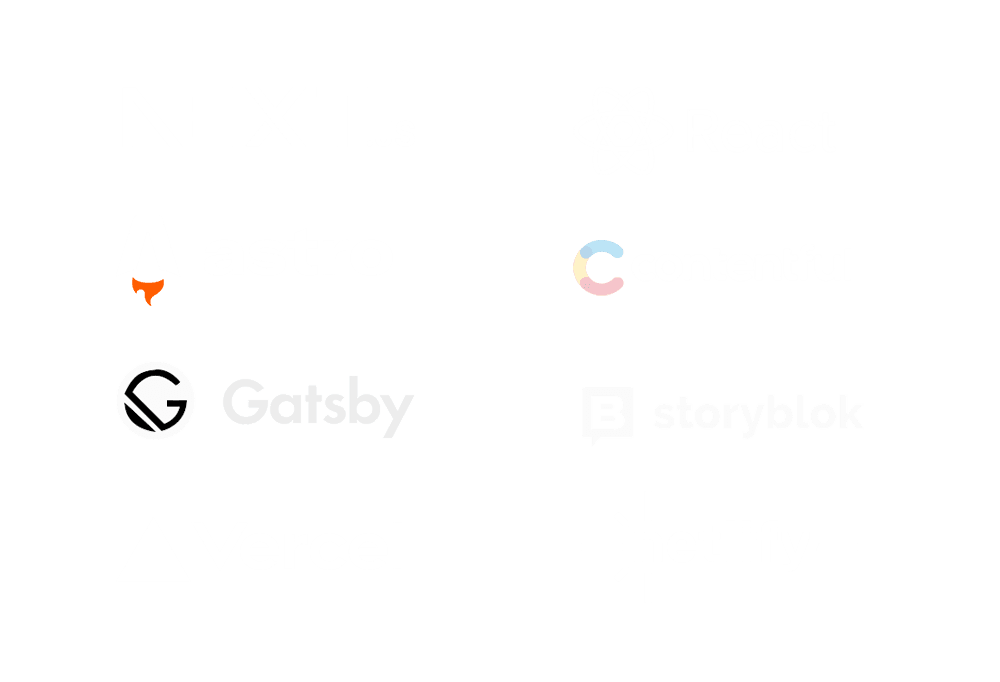 Our featured technologies: Gatsby, React, Contentful, Prismic, AWS, Storyblok and Netlify