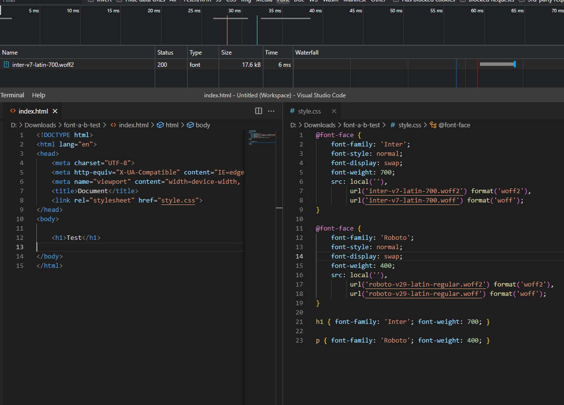 Network waterfall showing that only Inter font loaded