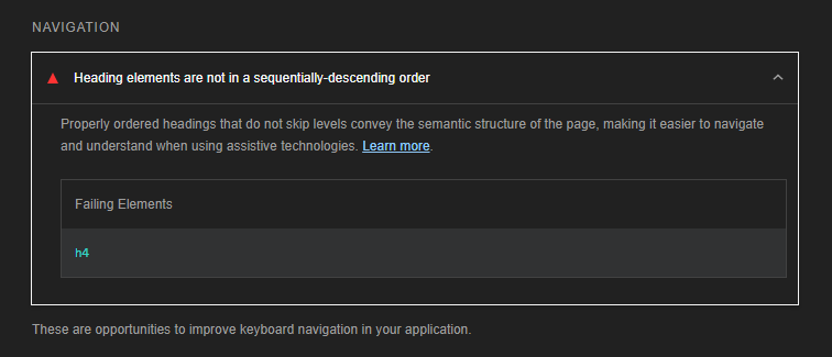 Screenshot of Google Lighthouse giving the error: Heading elements are not in a sequentially-descending order