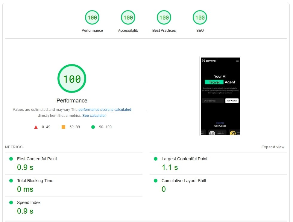 Screenshot of Samurai's website scoring full points on Lighthouse
