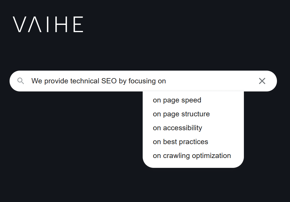 Search query that says we provide technical SEO by focusing on page speed, page structure, accessibility, best practices and crawling optimization.