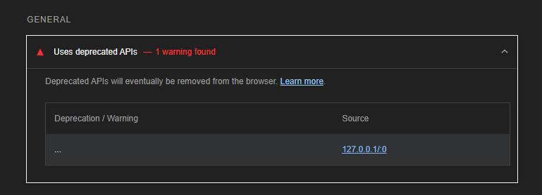Screenshot of Google Lighthouse giving the error 'Uses deprecated APIs'