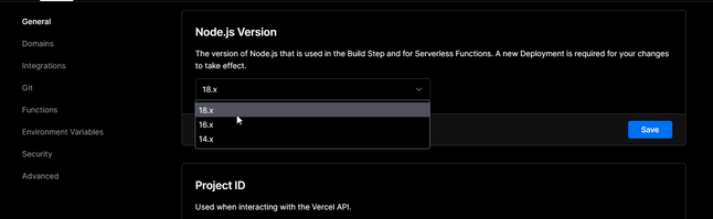 Enabling Node v18 in Vercel for Gatsby v5 – Vaihe