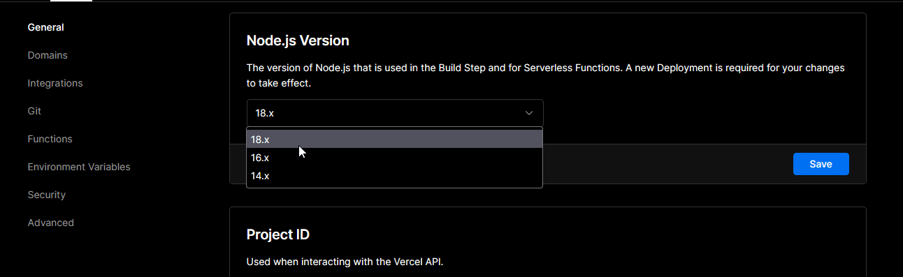 Screenshot of Vercel settings