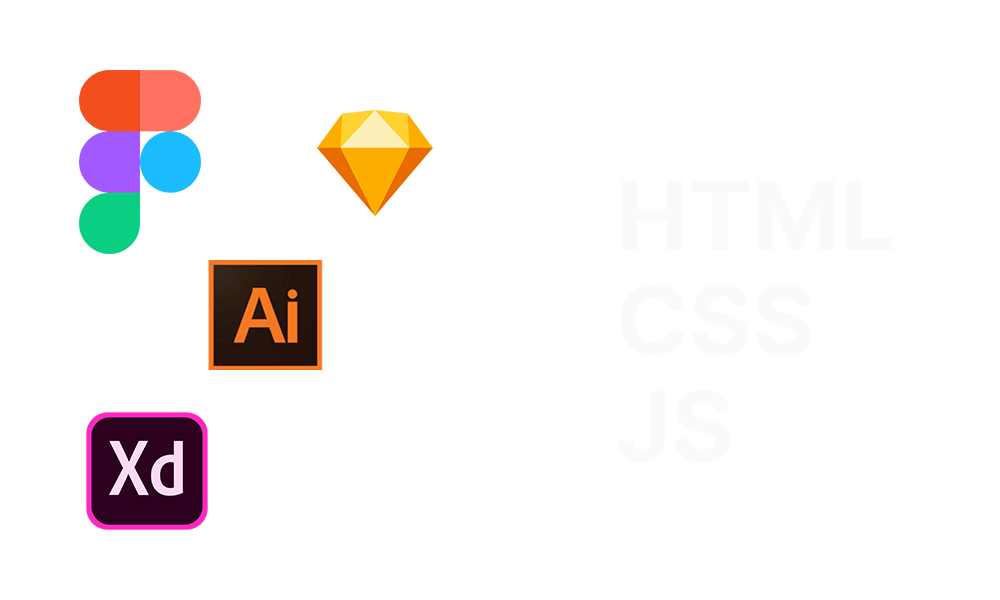 Illustration of Figma, Illustrator, adobe XD and Scetch being turned into HTML, CSS and JS