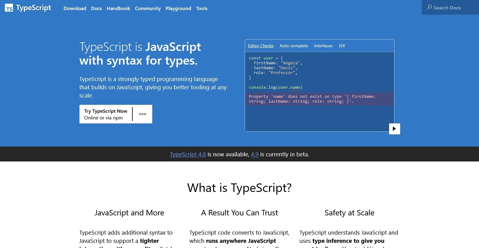 Screenshot of TypeScript's site