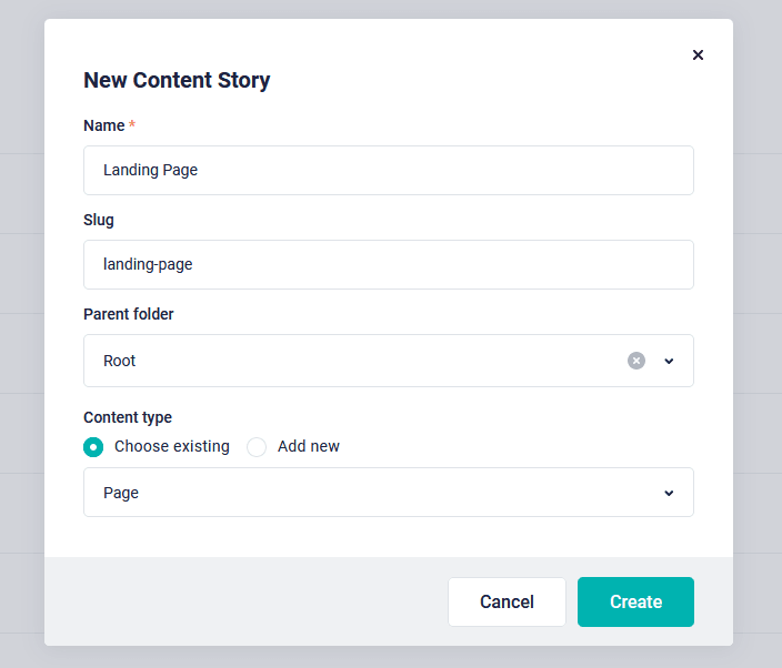 Screenshot of Storyblok showing a new page being created