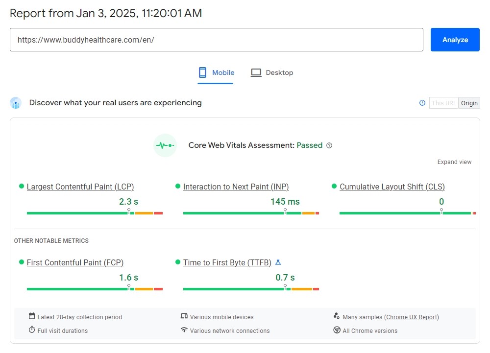 Screenshot of BHC passing Google's core web vitals.