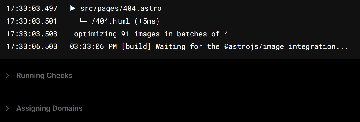 Screenshot of Vercel saying 'Waiting for the @astrojs/image integration...'