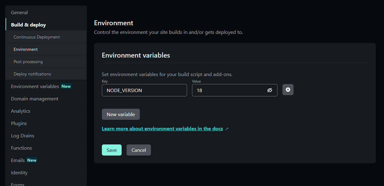 Screenshot of Netlify environment variable settings with node_version set to 18
