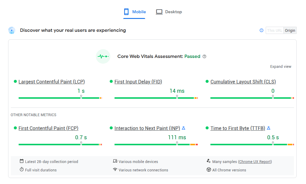 Screenshot of PageSpeed Insights showing great core web vital results