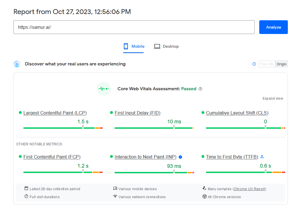 Screenshot of Samurai's Astro.js website passing Google's core web vitals