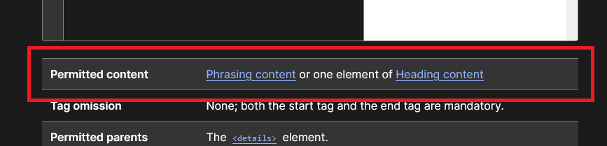 Screenshot that says that heading elements are allowed inside a summary