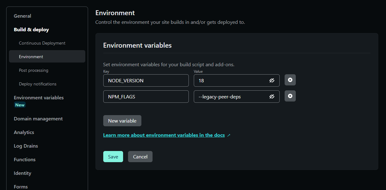 Screenshot of Netlify settings with npm_flags set to --legacy-peer-deps