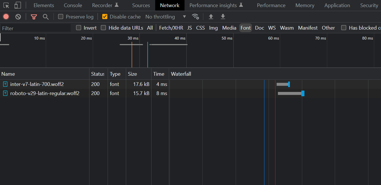 Network waterfall showing that Inter font loaded before Roboto